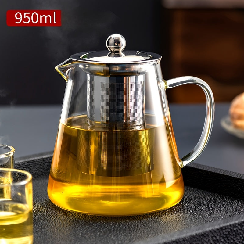 Chic glass teapot with stainless steel infuser – durable, dishwasher safe, ideal for brewing tea on gas stoves at home.