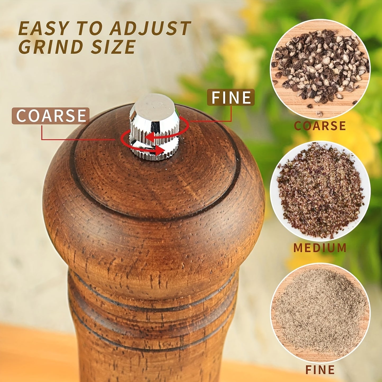 Classic Wooden Salt & Pepper Grinder Set - Manual with Adjustable Ceramic Rotor & Acrylic Window, 8-Inch - Ideal for Culinary Enthusiasts.