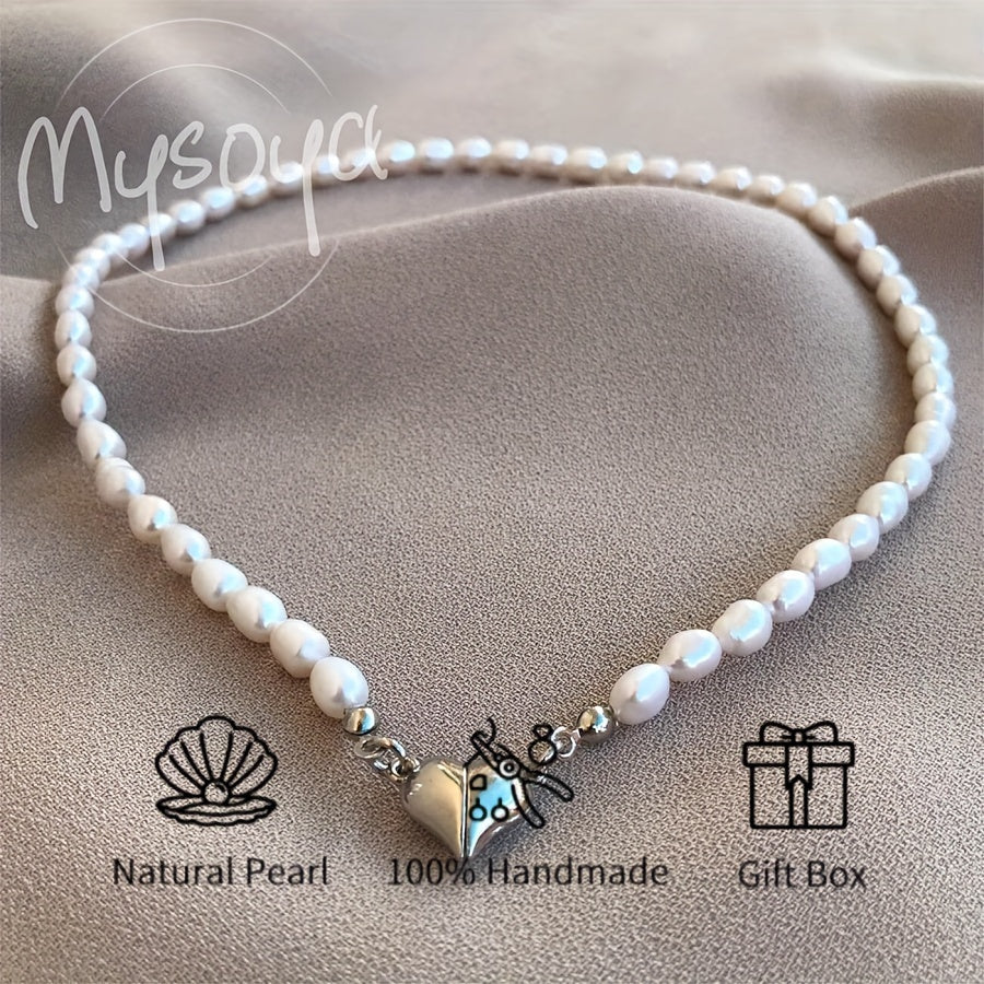 MYSOYA presents a stunning handmade necklace featuring natural freshwater rice-shaped pearls, adorned with a golden or silvery heart. The 6-7mm pearls come beautifully packaged in a gift box, making it a perfect jewelry gift for him or her. Ideal for