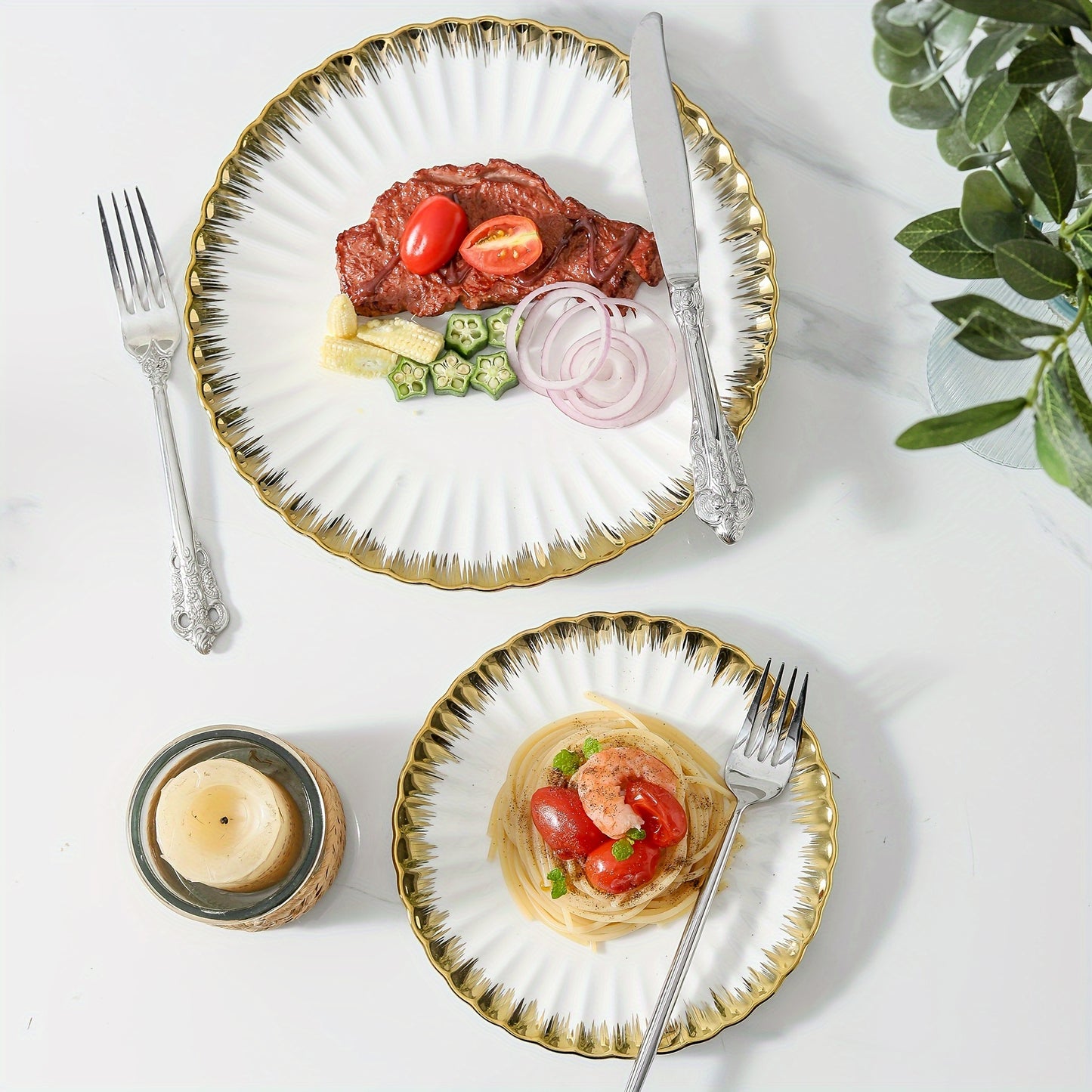 Set of 4 ceramic plates with golden rim, perfect for pasta, salads, and desserts. Dishwasher safe, ideal for home, dorms, and restaurants. Great housewarming gift.