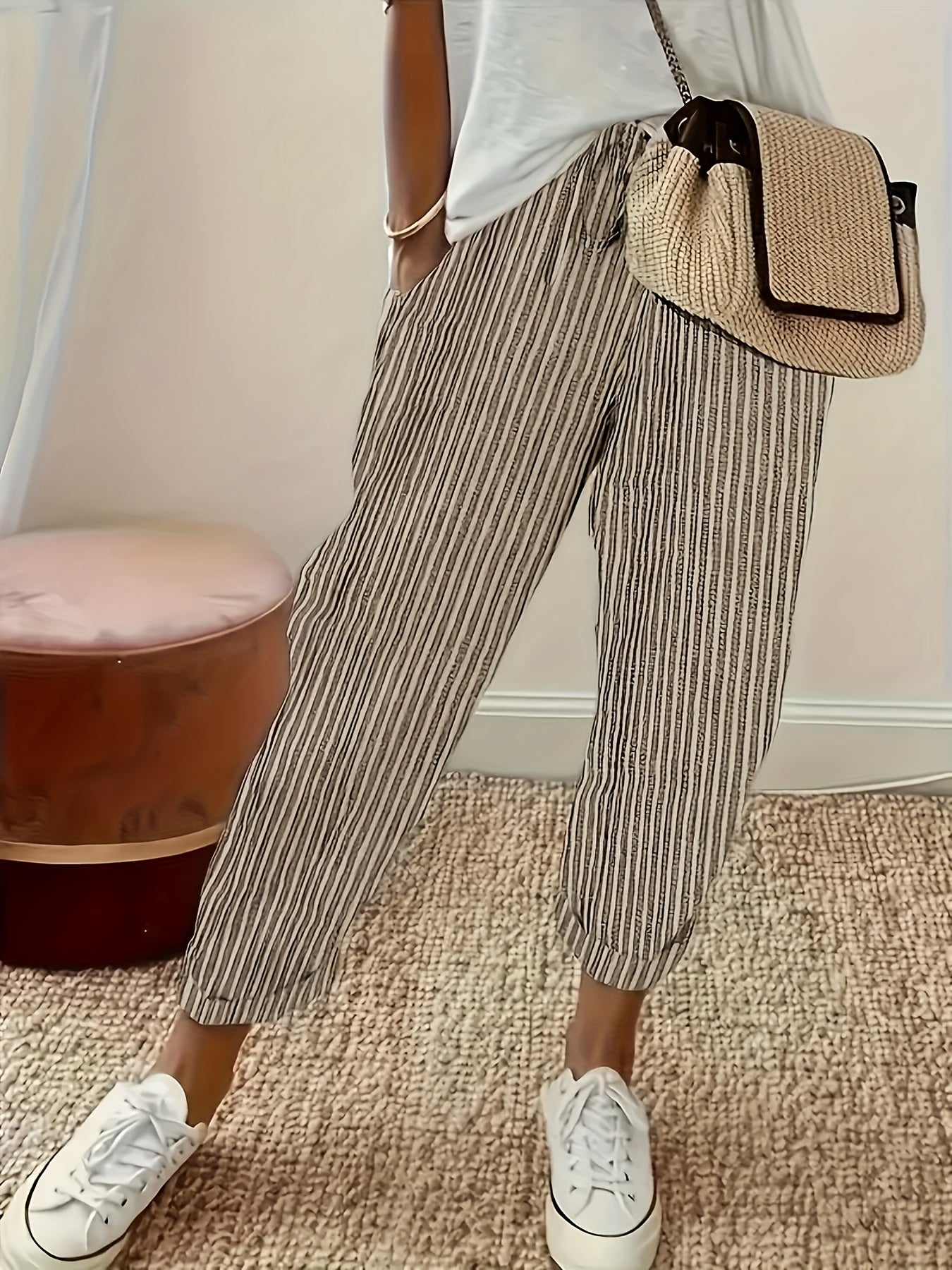 Plus Size Stripe Pattern Pocket Pants for Spring and Summer, featuring Casual Elastic Waist and designed for Women's Plus Size Clothing.