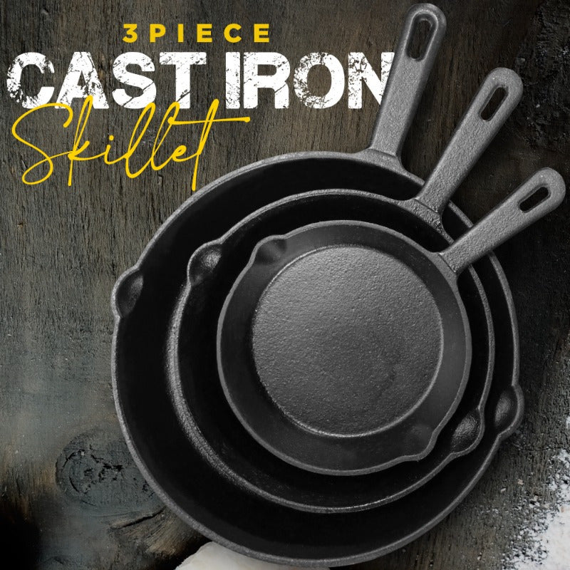 Set of 3 Cast Iron Skillets with Flat Bottoms, Non-Stick Coating, Oil Splash Pot, Easy Pouring, and Sturdy Handles - Perfect for Cooking at Home. Small, Uncoated, Traditional Frying Pans.