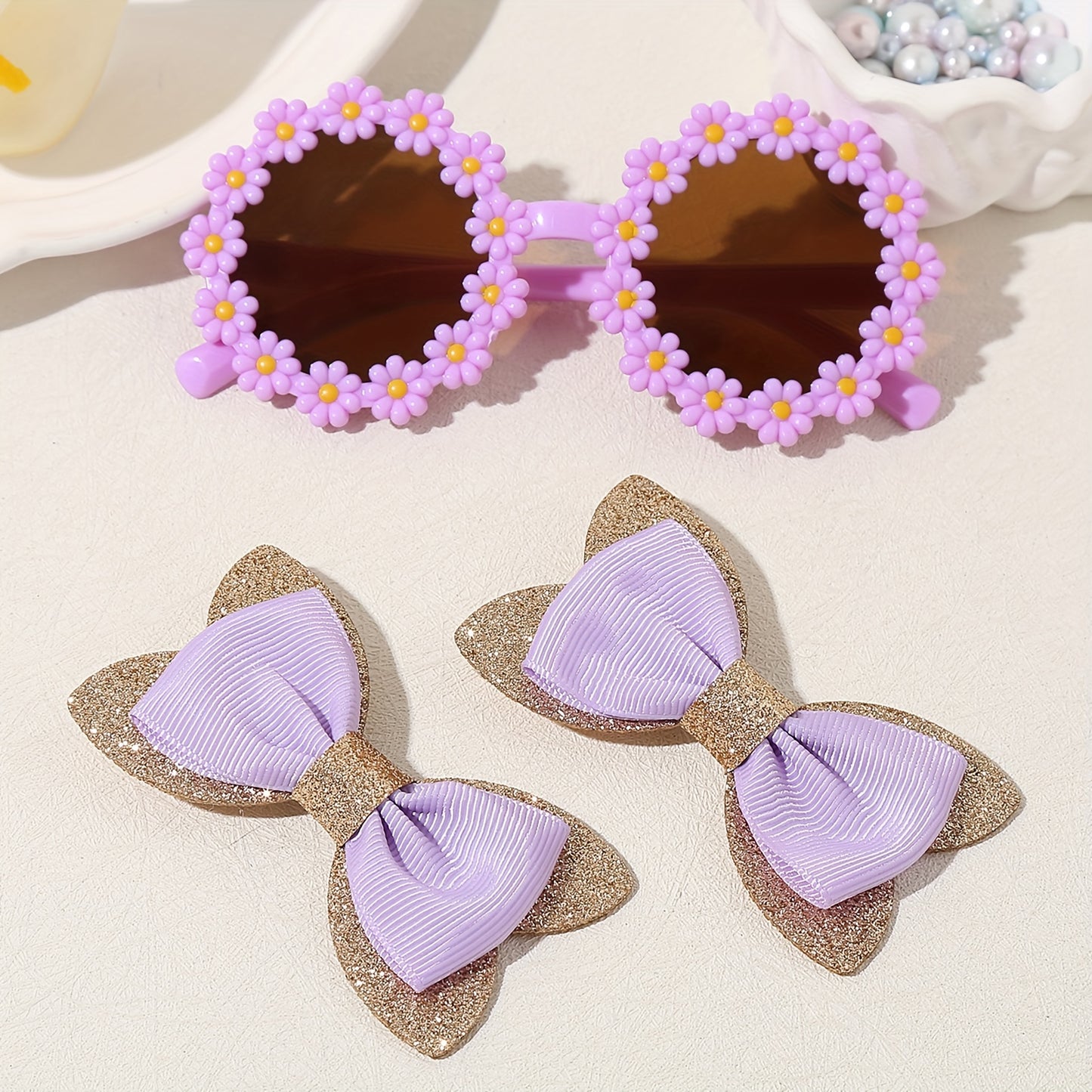 Hair clip and glasses set for women 14+ years old, includes 3 pieces with bow clip and floral glasses in elegant and cute style.