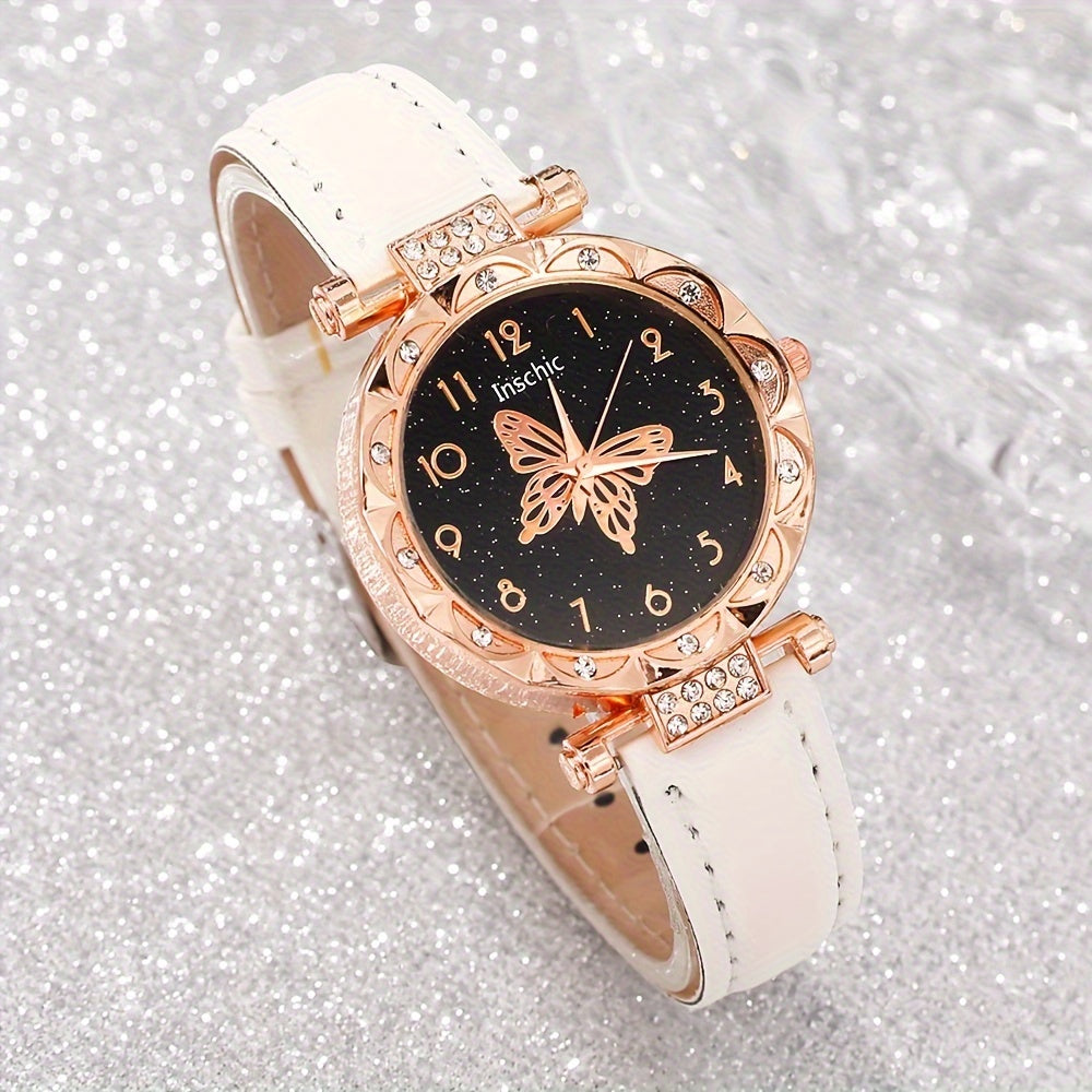 5pcs Women's Quartz Watch Set with Round Dial, PU Leather Strap, Matching Butterfly Pendant Necklace, Bracelet, Earrings. Simple, stylish, and perfect as a gift.