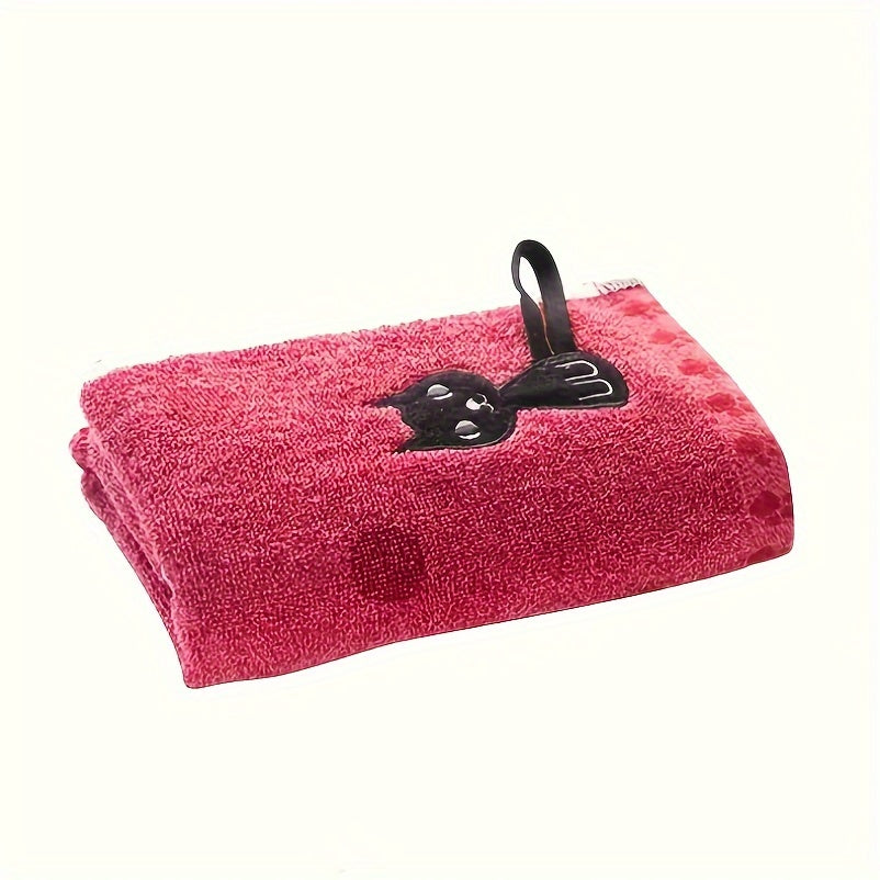 Soft, absorbent Cute Cat Pattern Velvet Hand Towel with Hanging Loop, perfect for kitchen, bathroom, or home decor. Available in Red, Blue, or Beige. Great gift idea with plush texture.