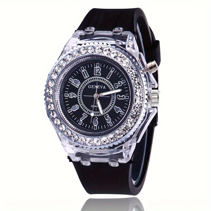 Luminous Rhinestone Full Edge Dial Watch with Silicone Quartz for Boys and Girls, Great for School Supplies and Gifts.