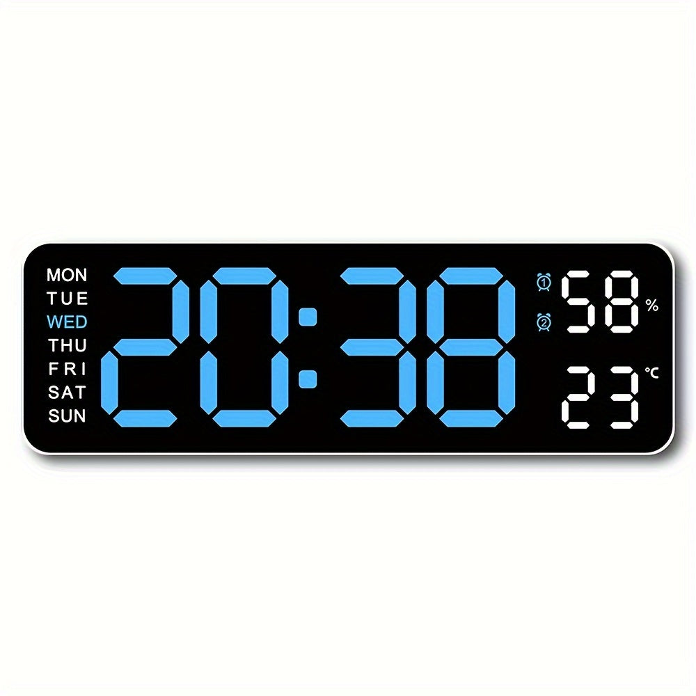 Digital wall clock with temperature and humidity display, week display, adjustable brightness, table alarm clock, and 12/24 hour format.