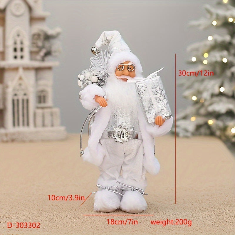 Santa Claus figure decoration with 12-inch height, wearing long fluffy snow boots, perfect for holiday and New Year's decor in homes or businesses.