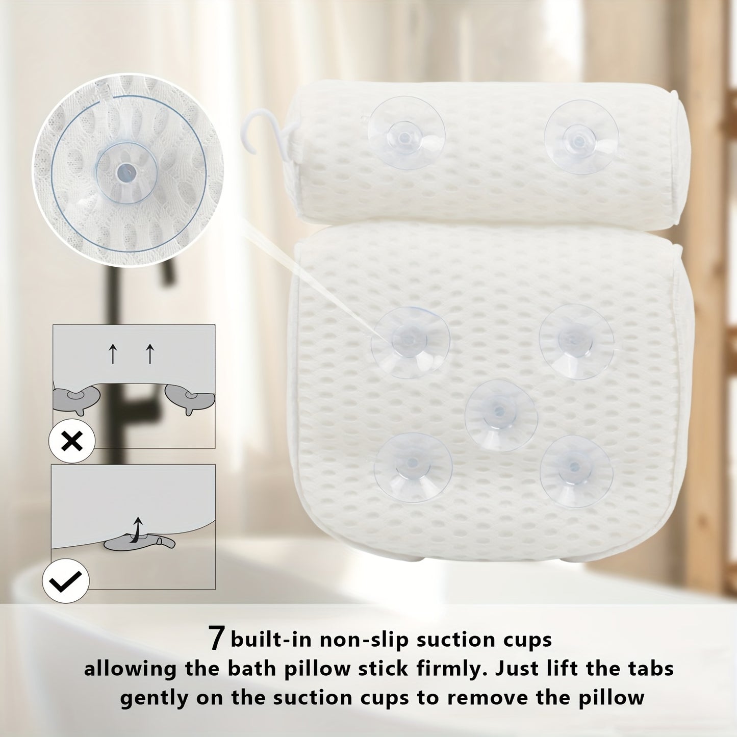 1pc Spa-like Bathtub Pillow with Non-Slip Suction Cups providing Neck and Back Support for your bathroom.