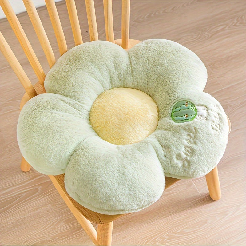 Plush polyester seat cushion with fruit and flower theme. Round and machine washable. Provides full-body support for long periods of sitting. Ideal for car, chair, sofa. Perfect gift for