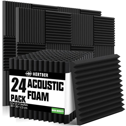 24 Pack of acoustic foam panels for noise reduction and echo treatment in recording studios, home theaters, offices, and gaming rooms, made of high-density flame-retardant foam.