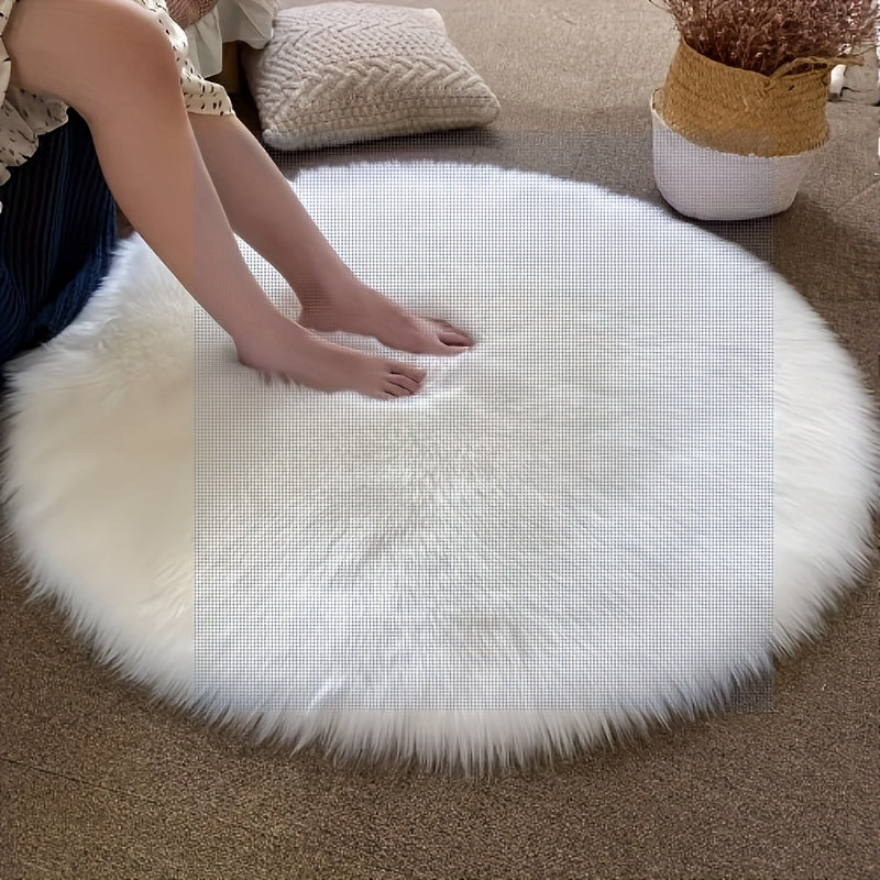 Round luxury area rug made from soft faux fur material with high pile and knit weave, machine washable, lightweight and fluffy. Crafted from a blend of polyester and acrylic in a solid color design. Perfect for adding a cozy touch to bedroom, living