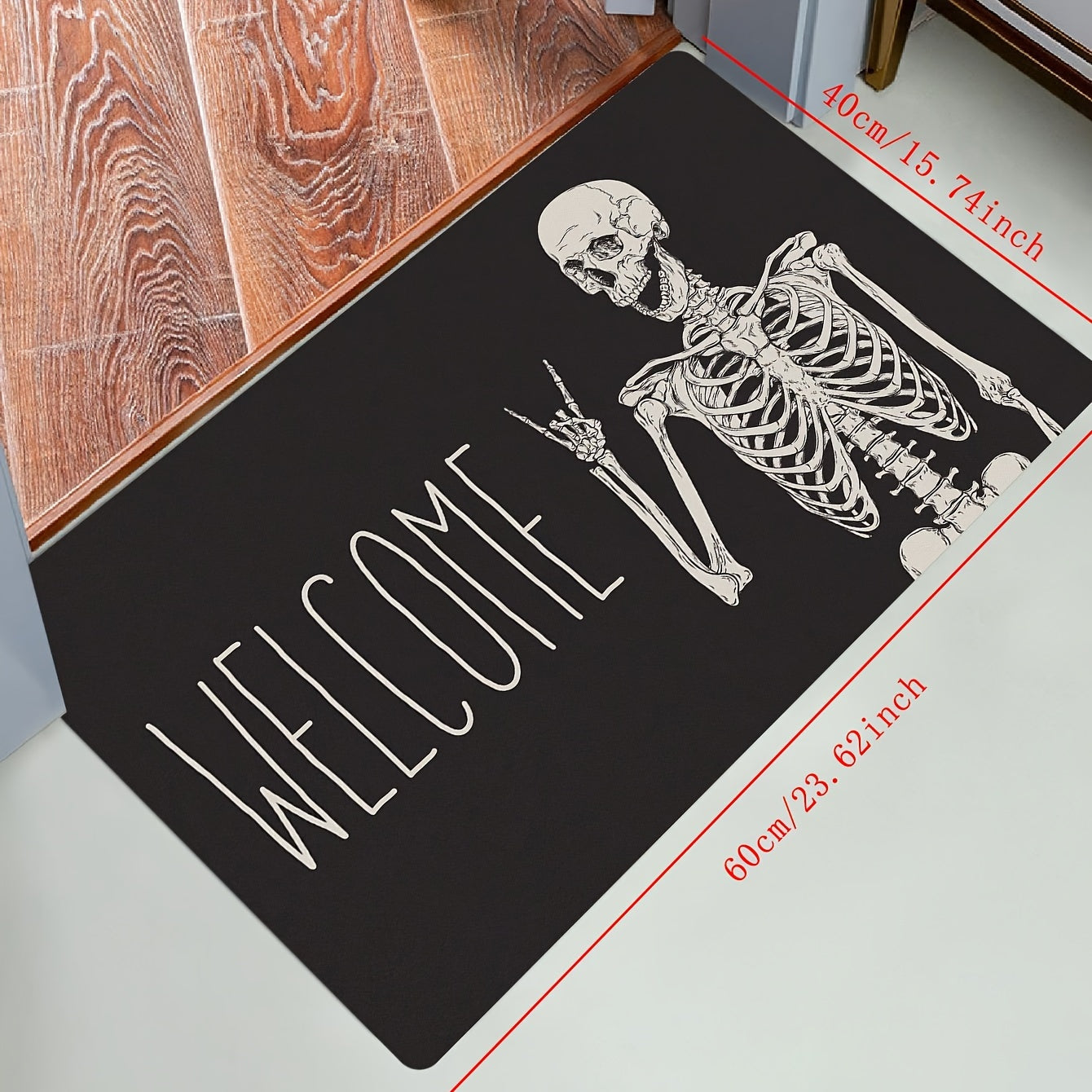 Welcome guests with this Halloween-themed Skull Doormat, designed for both indoor and outdoor use. This non-slip rug is easy to clean, stain-resistant, and low pile for safe and convenient use. Made of polyester and weighing under 700g/m², this festive