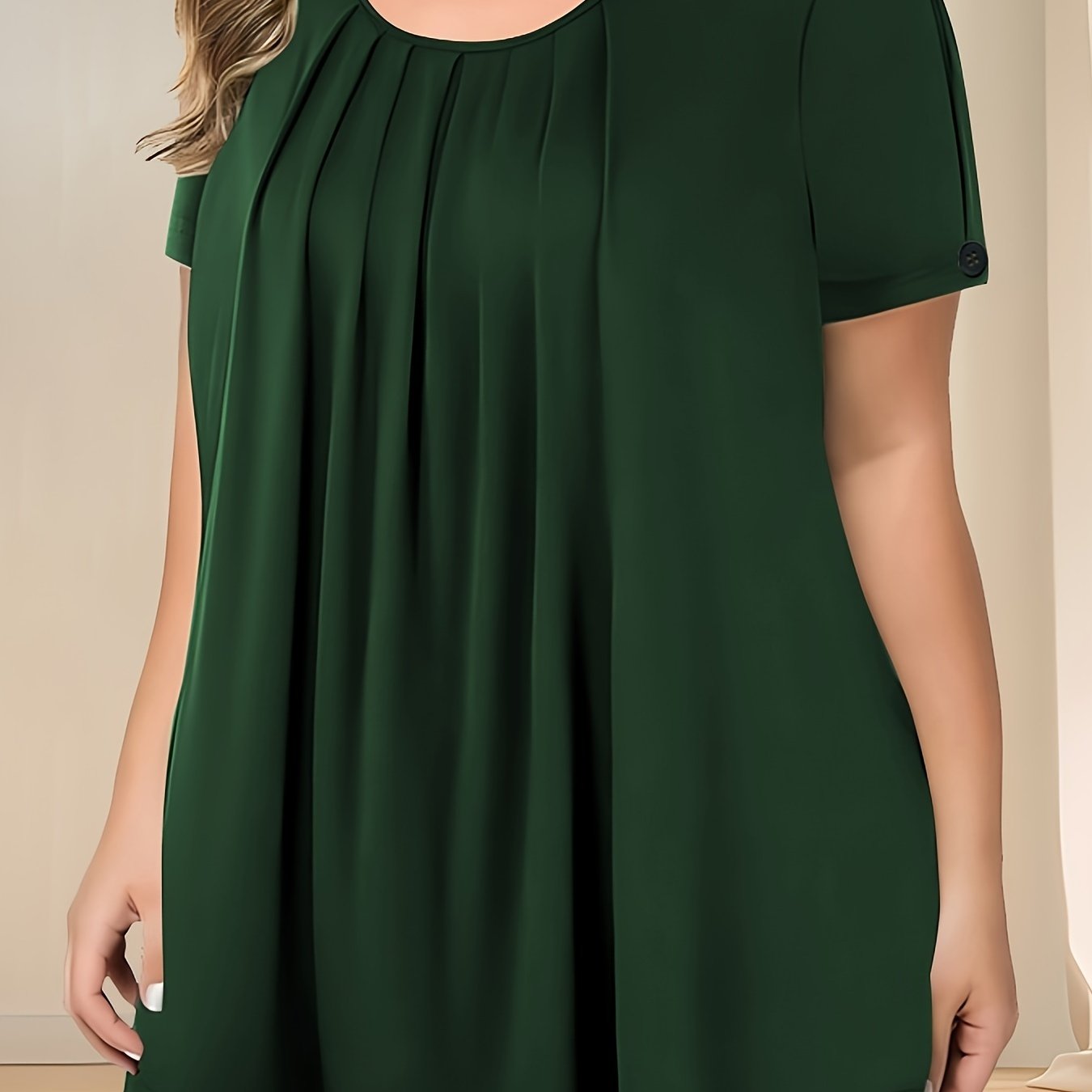 Pleated button detail T-shirt for plus size women, perfect for spring & summer.