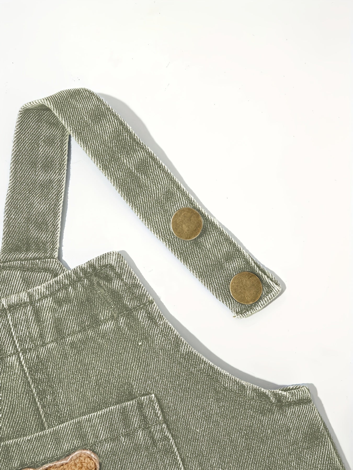 Boys' green denim overalls with bear patch - blend fabric, machine washable, casual style for fall/winter, great for outdoor wear.