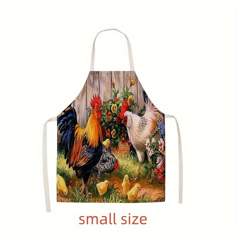 1pc Linen apron with soft rooster print, thickened cute waist design, perfect for fashion housework and kitchen tasks.