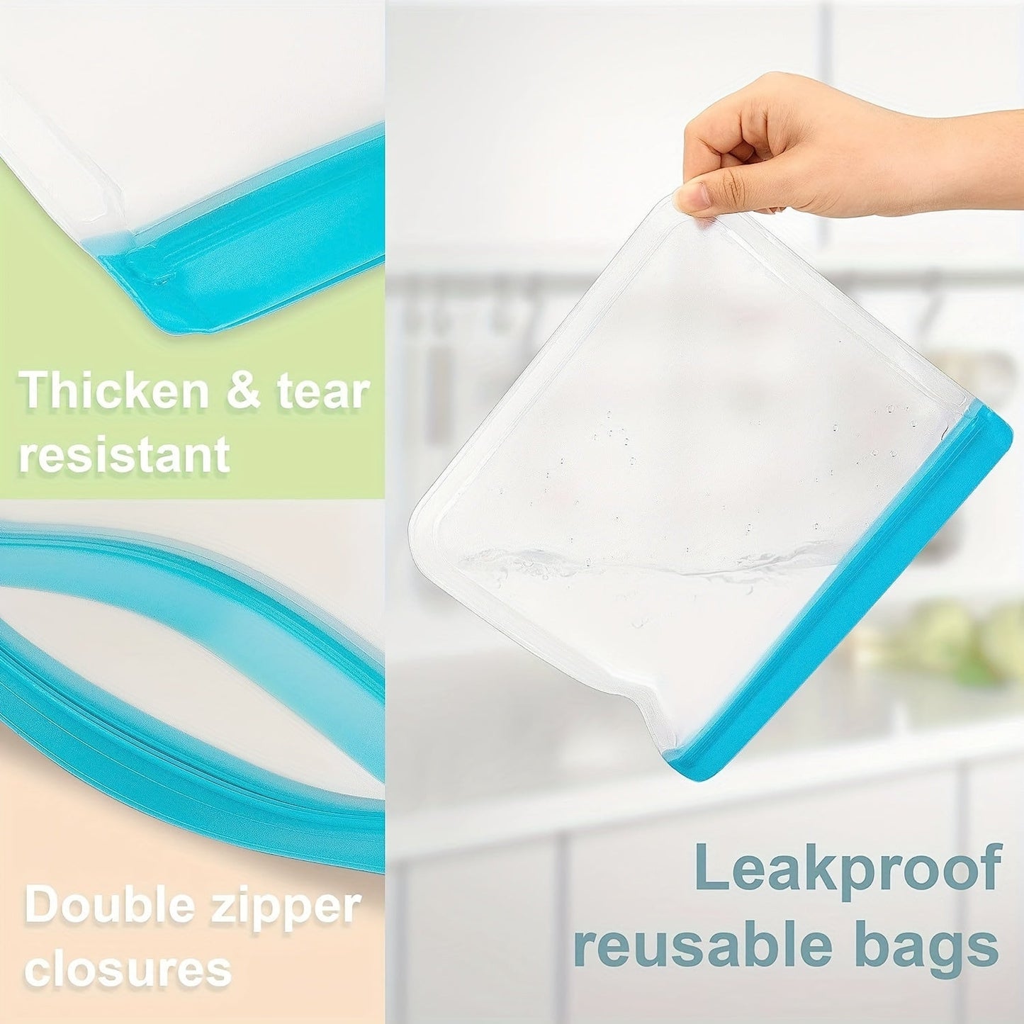 12 pieces of BPA-free reusable gallon-sized food storage bags with a super thick leak-proof design made of silicone and plastic. Perfect for storing meat, grains, sandwiches, snacks, travel essentials, and organizing your family's home kitchen supplies.