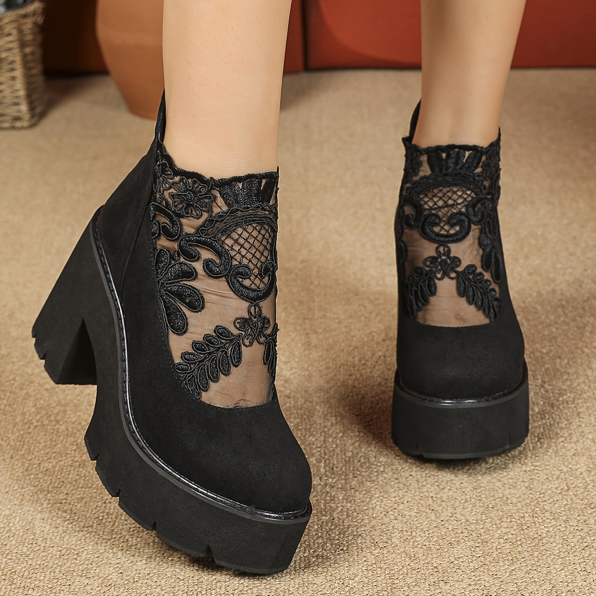 Women's Floral Embroidered Ankle Boots with Black Mesh, Zippered Mid-Calf, Chunky Heel, Corduroy Upper, Fabric Lining, Rubber Sole, Velvet Insole.