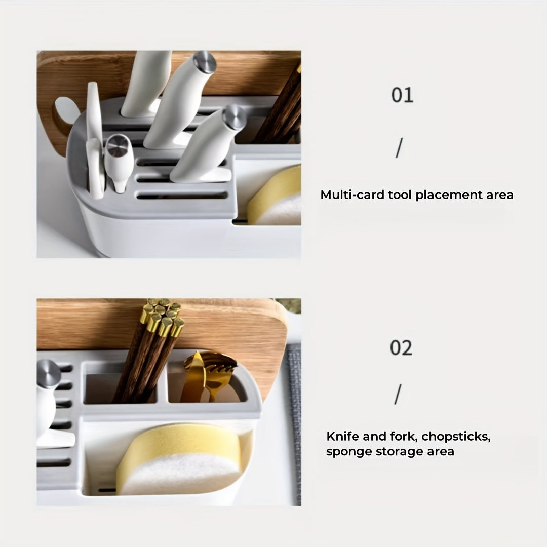 Modern Kitchen Storage Organizer with Integrated Cutting Board, Utensil Holder and Plastic Knife Block - No Batteries Needed