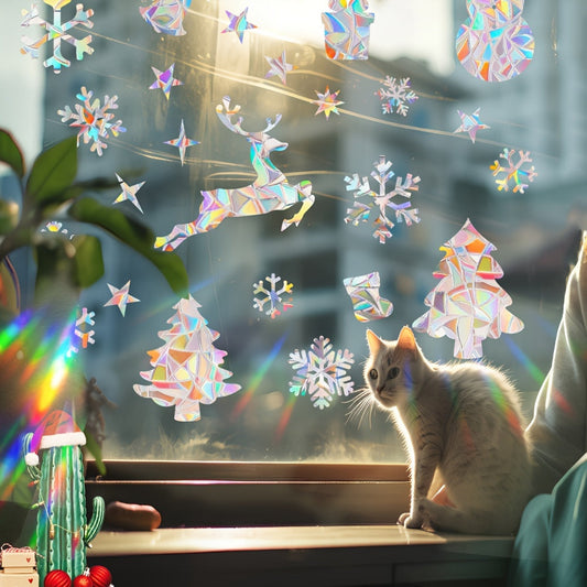 Reusable Static Adhesive PVC Glass Stickers, Classic Style Rainbow Prism Suncatcher Window Clings Set with Christmas Festive Bird & Snowflake Decals for Holiday Decor, 5mil Thick Glossy Finish.