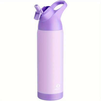 ENCOOL 24oz stainless steel water bottle with leak-proof Tritan lid, straw, and carry loop. Double wall insulated, PVC-free, round shape. Ideal for sports and travel. Hand wash only.