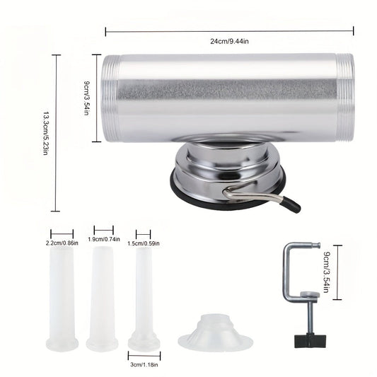 One manual sausage stuffer set made of aluminum alloy, includes a hand-cranked sausage filler machine, sausage syringe, and various manual sausage maker tools; ideal for baking and kitchen use.