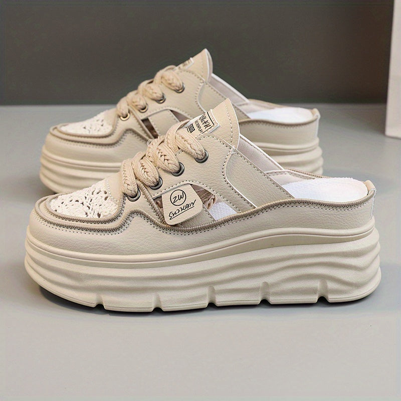 Women's breathable platform mule sneakers with cutout design, lace-up closure, and comfort for summer wear.