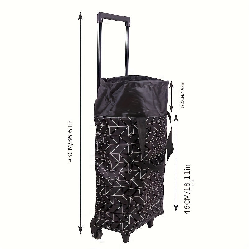 A durable metal frame trolley shopping cart with insulation layer, rolling plastic wheels, foldable and lightweight design for easy travel. Features drawstring closure, built-in pockets, and no electricity required.