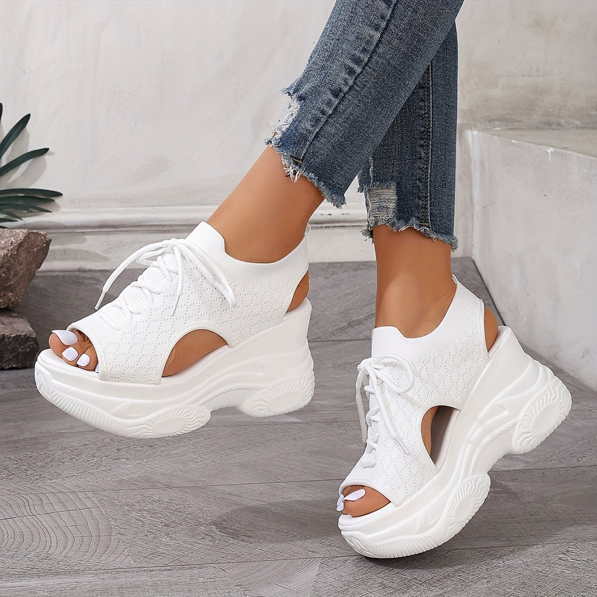 Summer platform wedge sandals with knit elastic upper, tie-up open toe design, soft high-heel sole.