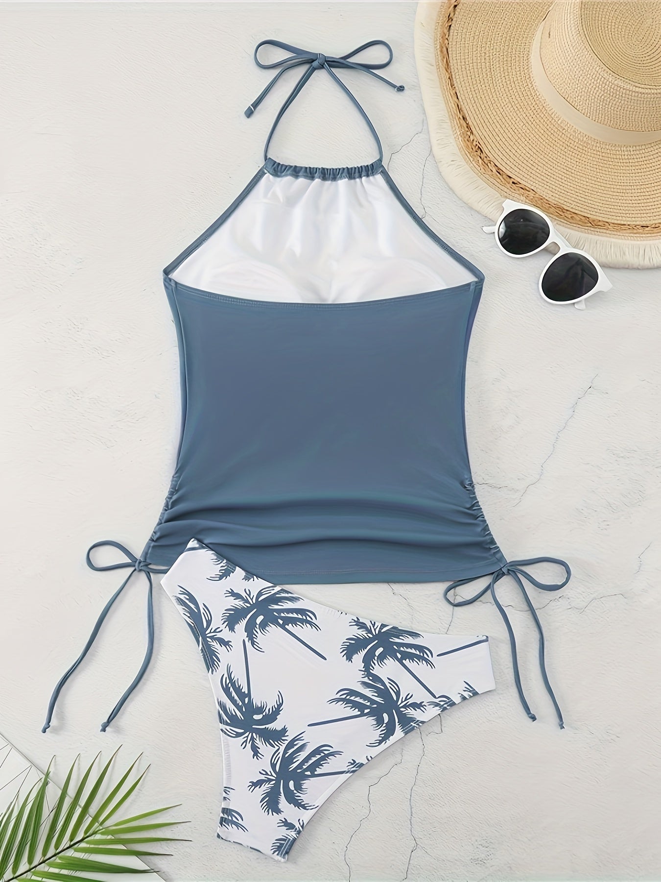 Padded bra swimsuit with palm tree print.