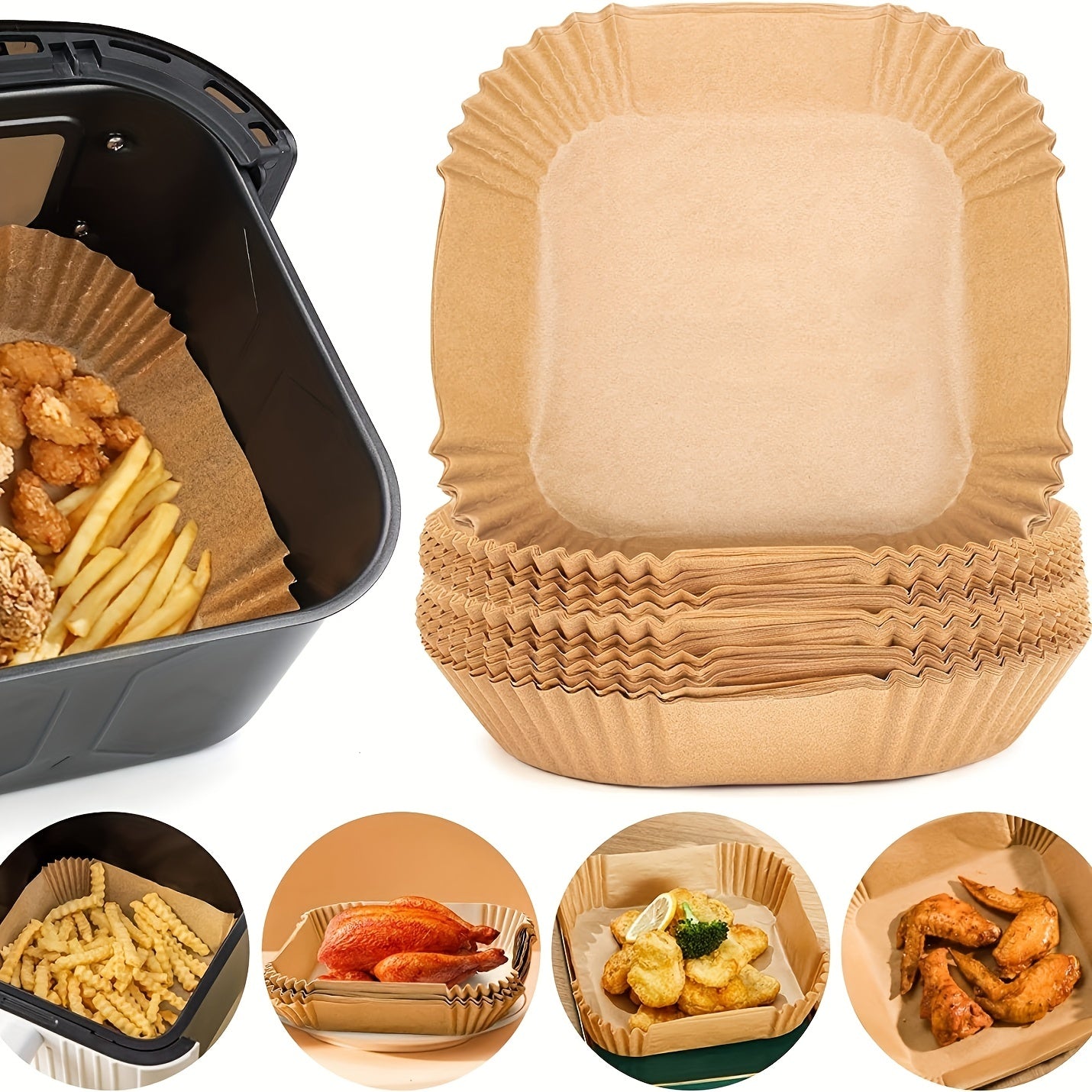 Disposable Air Fryer Liners available in packs of 30, 50, or 100 pieces. These liners come in two sizes, 16.0cm and 20.07cm, and can be used as Paper Air Fryer Liner Pots, Paper Basket Bowls, Baking Trays, and Oven Accessories. They are essential Baking