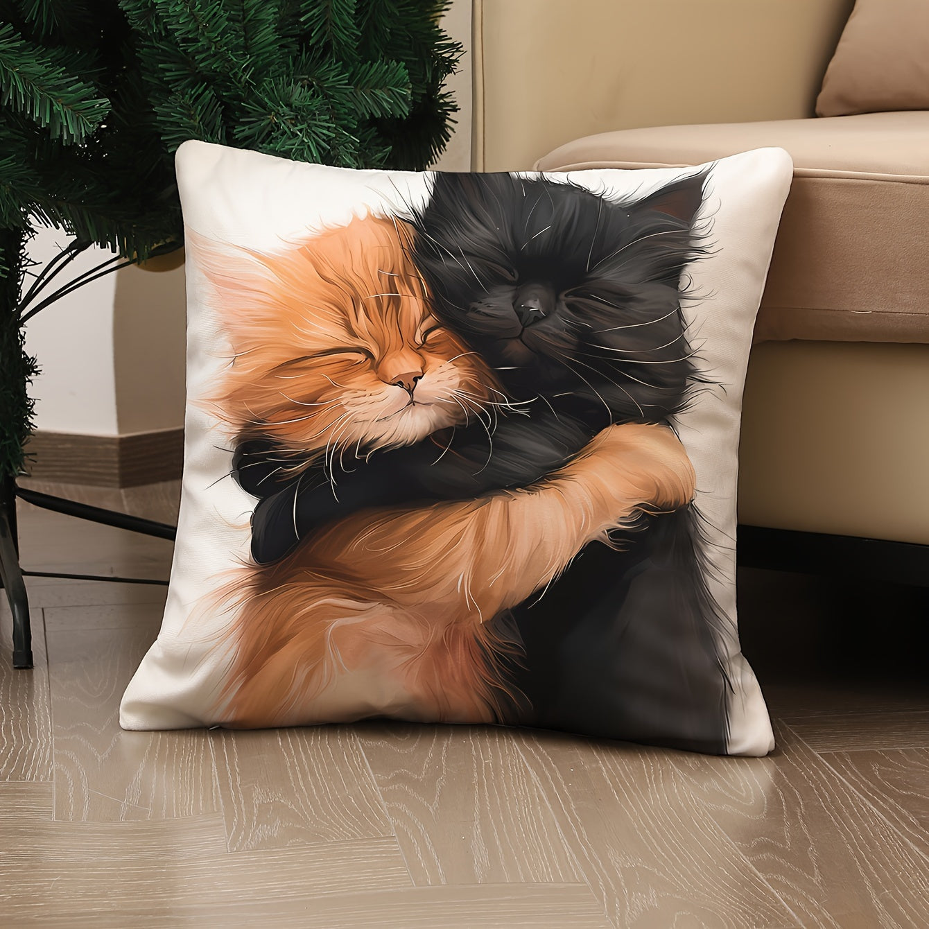 Adorable cat hug linen pillowcase, measuring 44.96cm x 44.96cm - perfect for cozy home decor. Features zip closure, machine washable design, and no insert included. Ideal for sofa, living room, or bedroom.