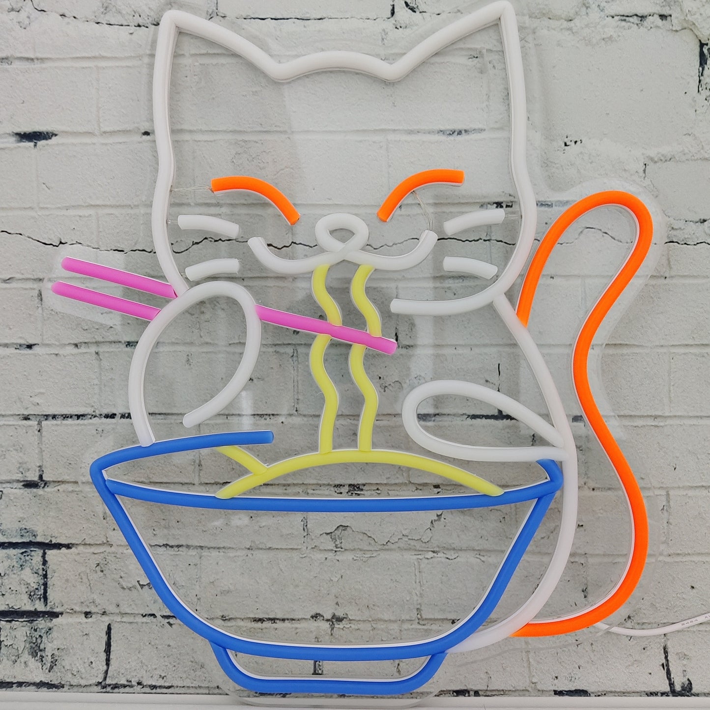 Japanese Lucky Cat Eating Ramen Neon Sign Light for Home Decoration, USB Powered.