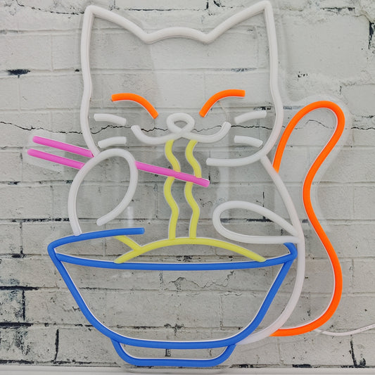 Japanese Lucky Cat Eating Ramen Neon Sign Light for Home Decoration, USB Powered.