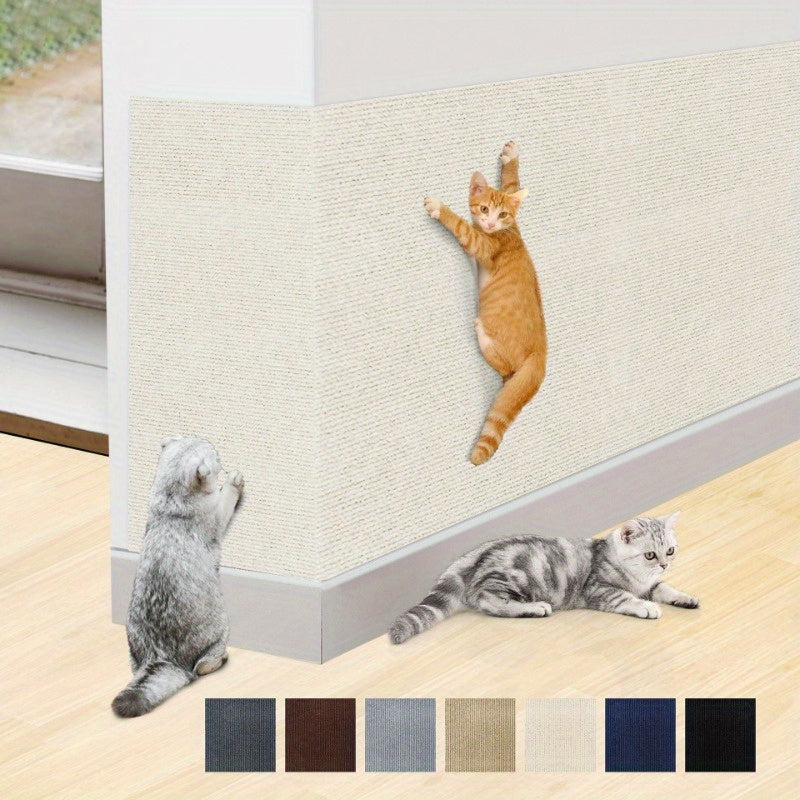 Wall-mounted cat scratching mat made of durable, fluff-free polyester with self-adhesive backing, cut-to-fit for all breeds.