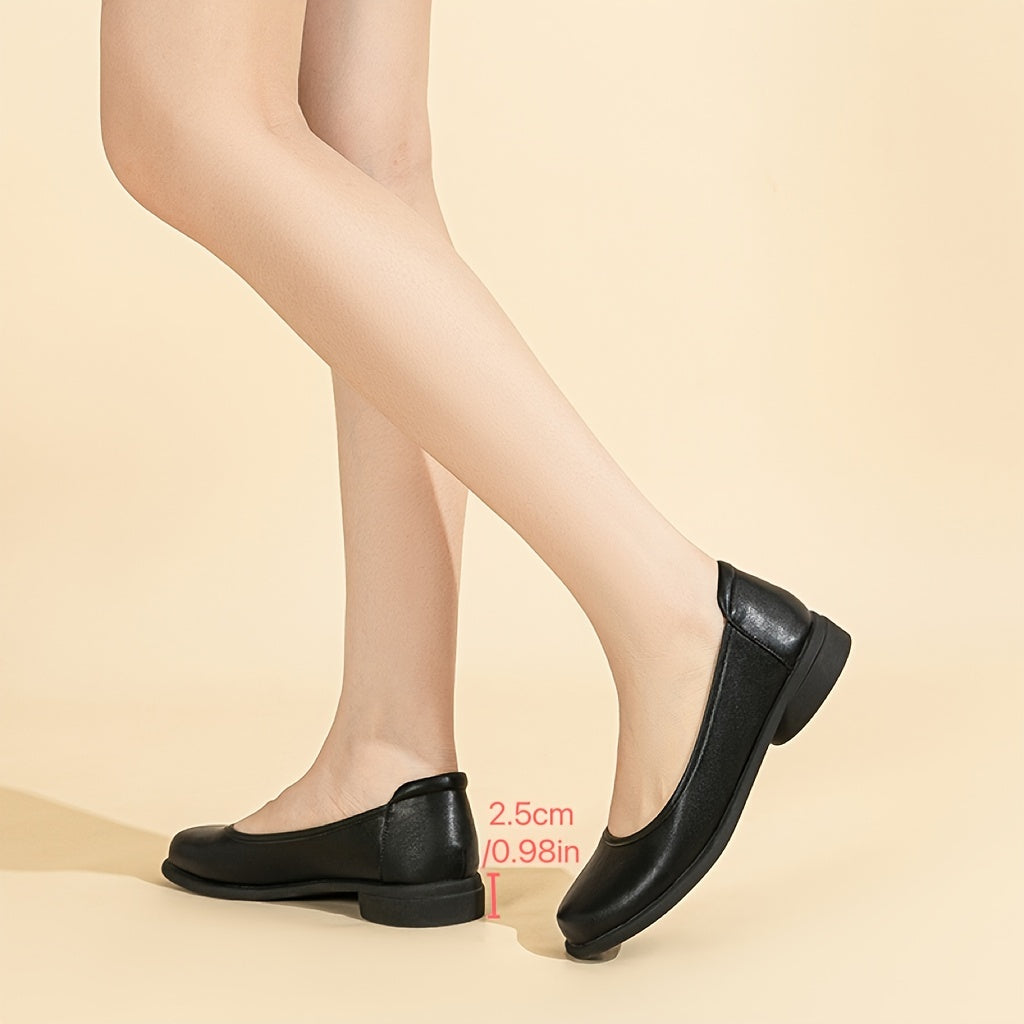 Women's black slip-on flats with an elegant design, comfortable round toe, soft and lightweight sole, and a microfiber cover. Perfect for professional attire with a sleek and cute look.