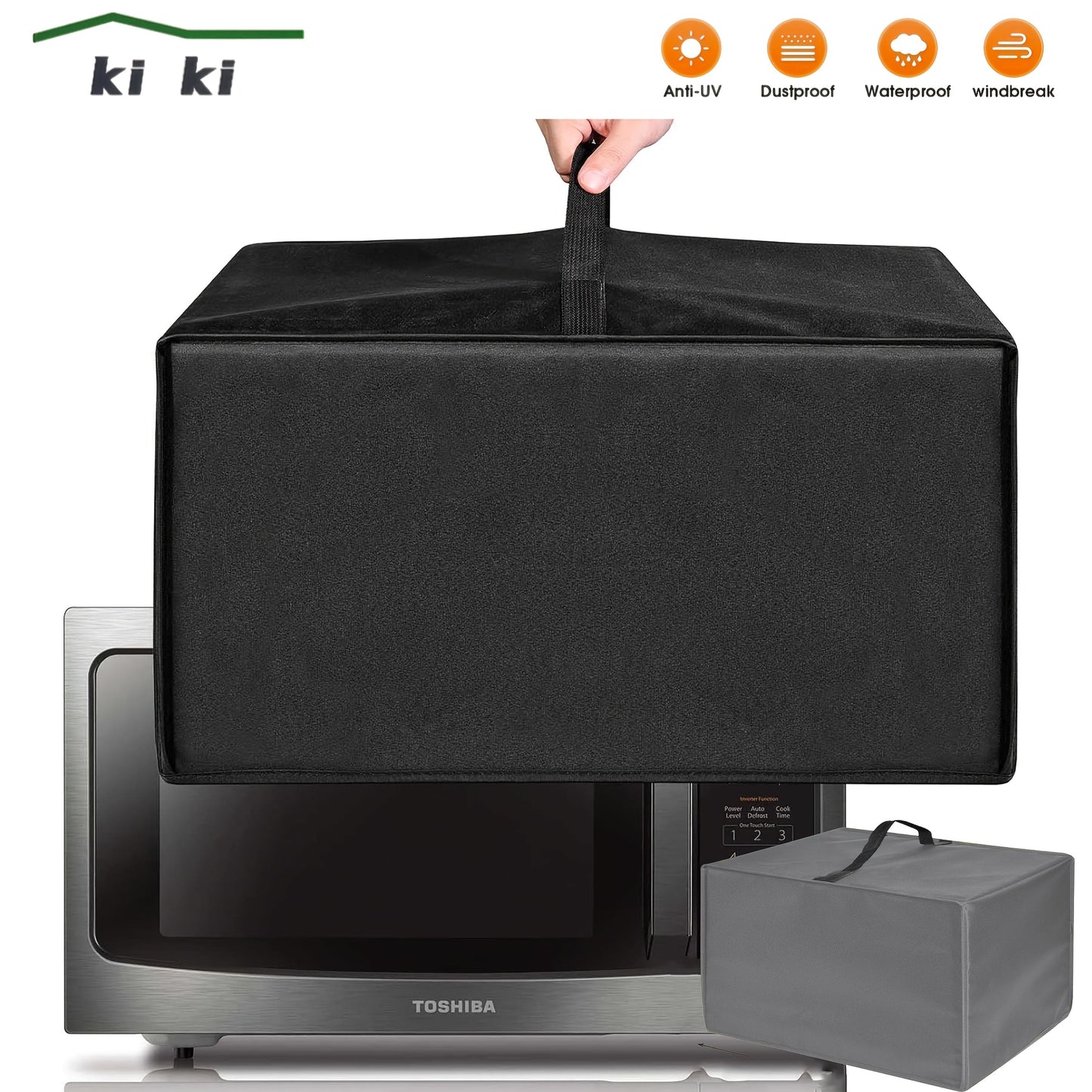 The sleek black/gray durable waterproof microwave oven dust cover features a foldable design and is easy to clean. It includes a handle for added convenience and is compatible with most microwaves. This protective cover helps keep appliances clean by