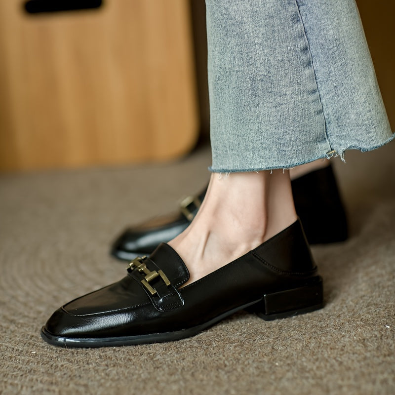 Elegant retro black loafers with golden-tone buckle, chunky heel, and square toe. Versatile casual shoes for all seasons, not washable.