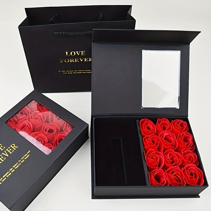 Valentine's Day gift box includes 12 items such as soap flowers, lipstick gift box, necklace jewelry box, and party favors.