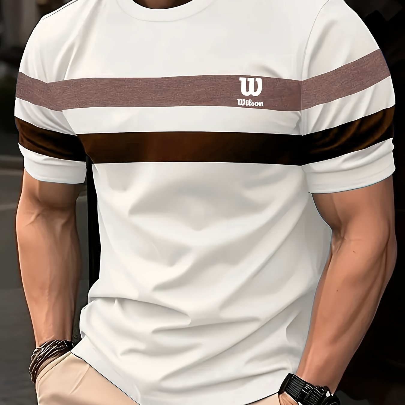 Men's Lightweight Casual T-Shirt with Green and White Striped Side Panels and "W" Print, Round Neck, Machine Washable