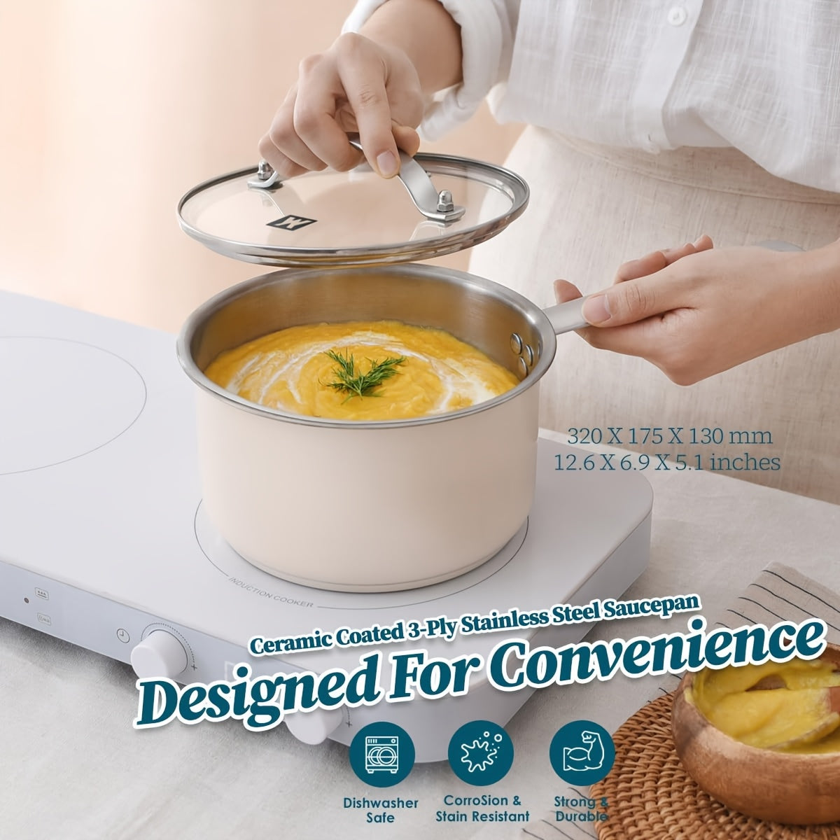 Set of 3 WAGENSTEIGER Stainless Steel Cookware featuring Ceramic Finish - includes Saucepan, Hot Pot, and Soup Pot with Thickened Composite Base. Suitable for use on Induction & Electric Stoves, adding an Elegant Touch to your Kitchen Decor.