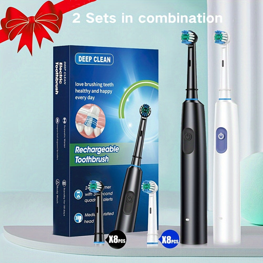 A set of 2 round electric toothbrushes with 8 brush heads, 2 color combinations, UCB-C charging, 5 modes including a super-fast cleaning mode, perfect gift for family and friends.