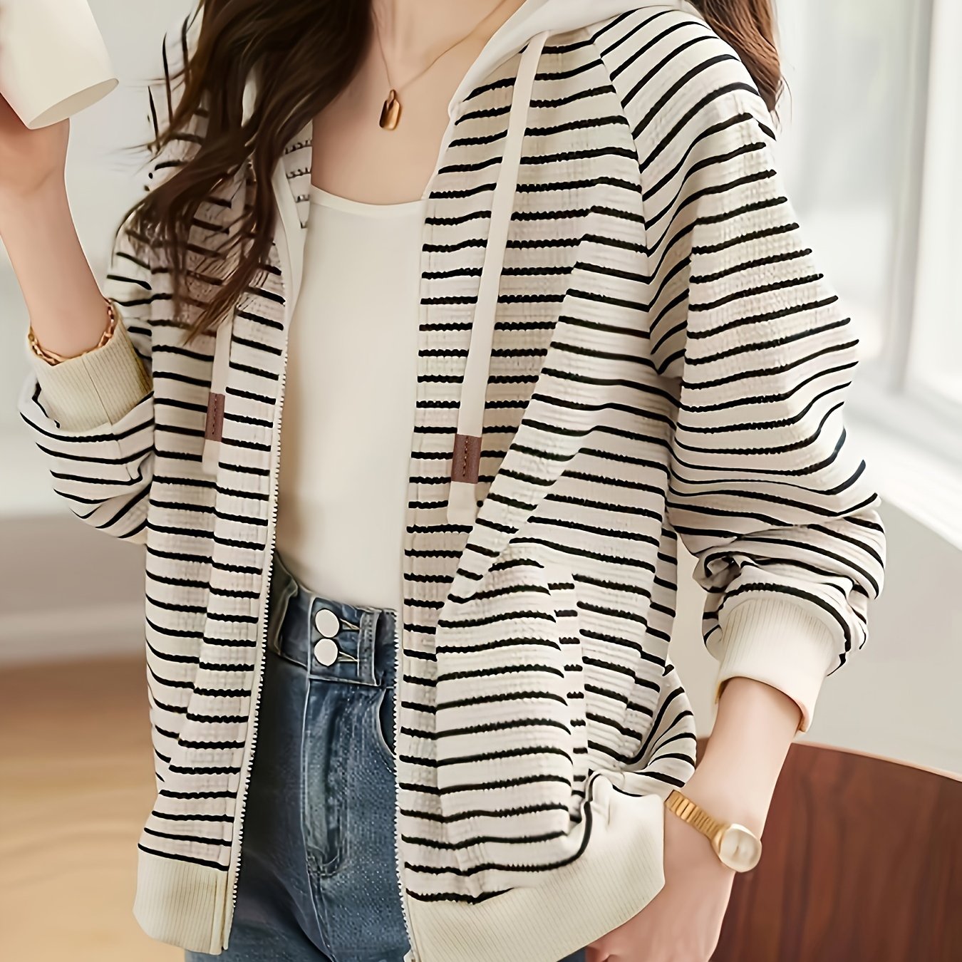 Women's Hooded Crochet Knit Striped Cardigan Sweater Jacket made of a Polyester & Spandex Blend, casual vacation style with zipper detail, lightweight for Spring & Fall.