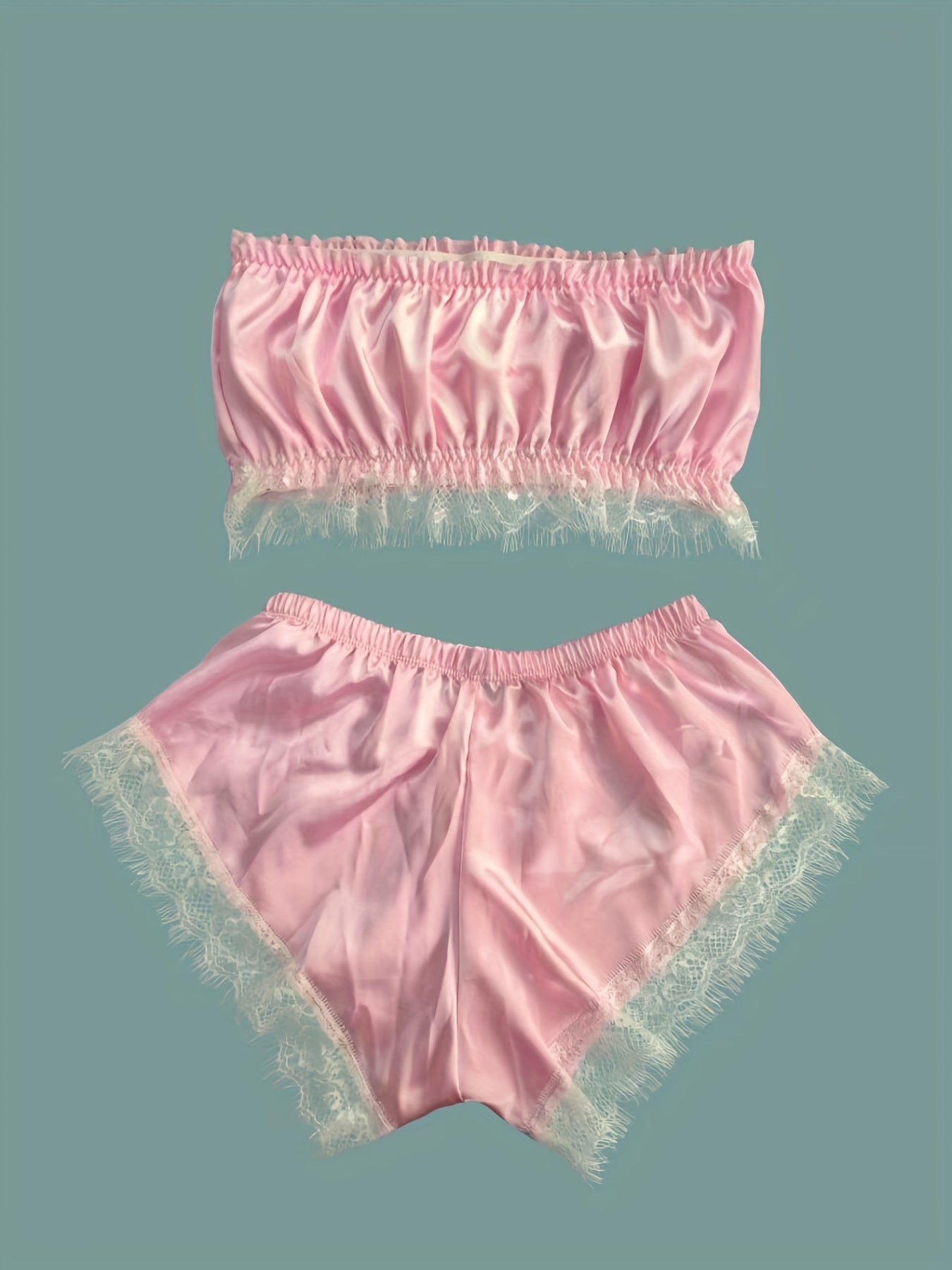 Women's sleepwear with lace trim pajama set and satin tube tops with shorts.