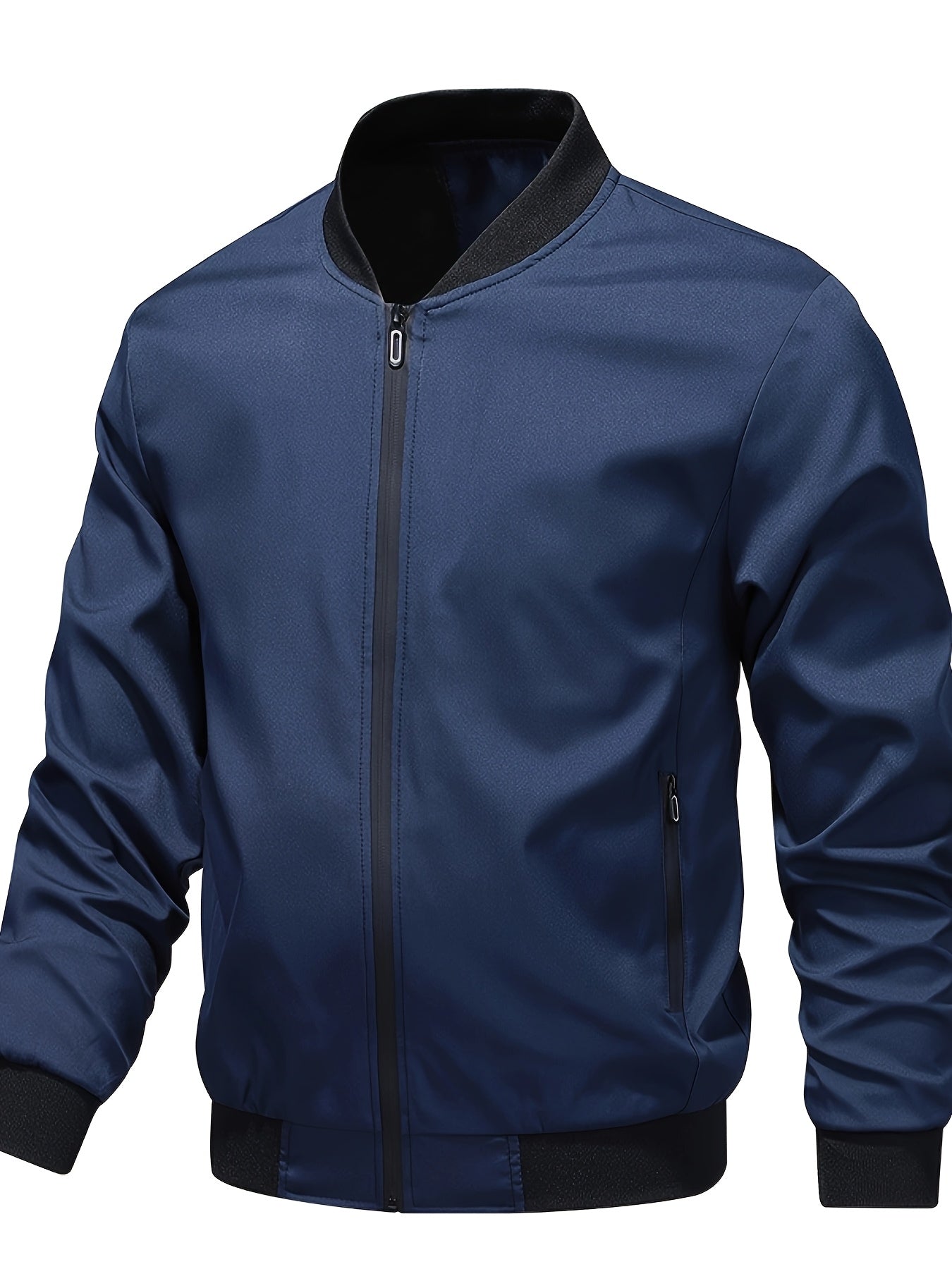 Long-sleeve, solid color men's jacket with small stand collar and zipper closure, perfect for outdoor activities.