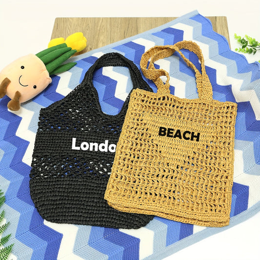 Large Capacity Women's Beach Tote with Custom Embroidery - Hand-Woven Mesh with Hollow Design, Perfect for Vacation & Travel, Great Gift Idea