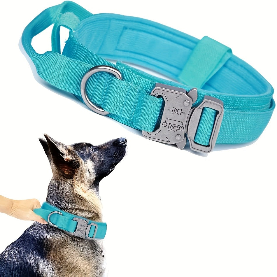 Adjustable tactical dog collar with heavy-duty metal buckle for training and walking.