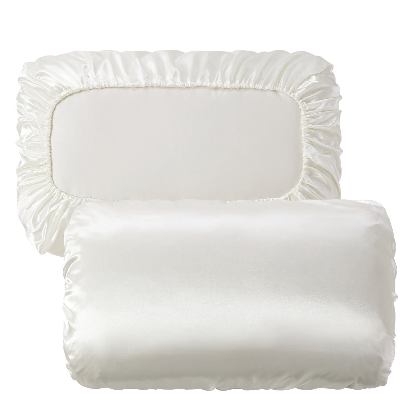 Two soft and breathable satin pillowcases with elastic cord, ideal for a comfortable night's sleep in your bedroom.