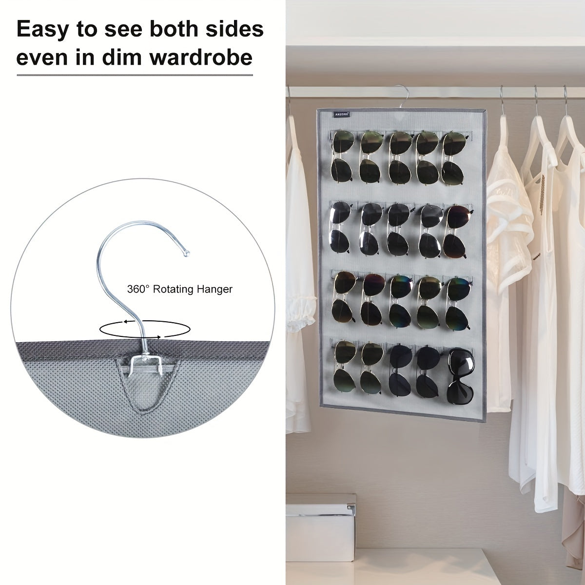 Wall Mounted Sunglasses Organizer with 40 Slots for Dual Sided Hanging, Glasses Rack Storage, Eyeglasses Holder and Eyewear Display Case