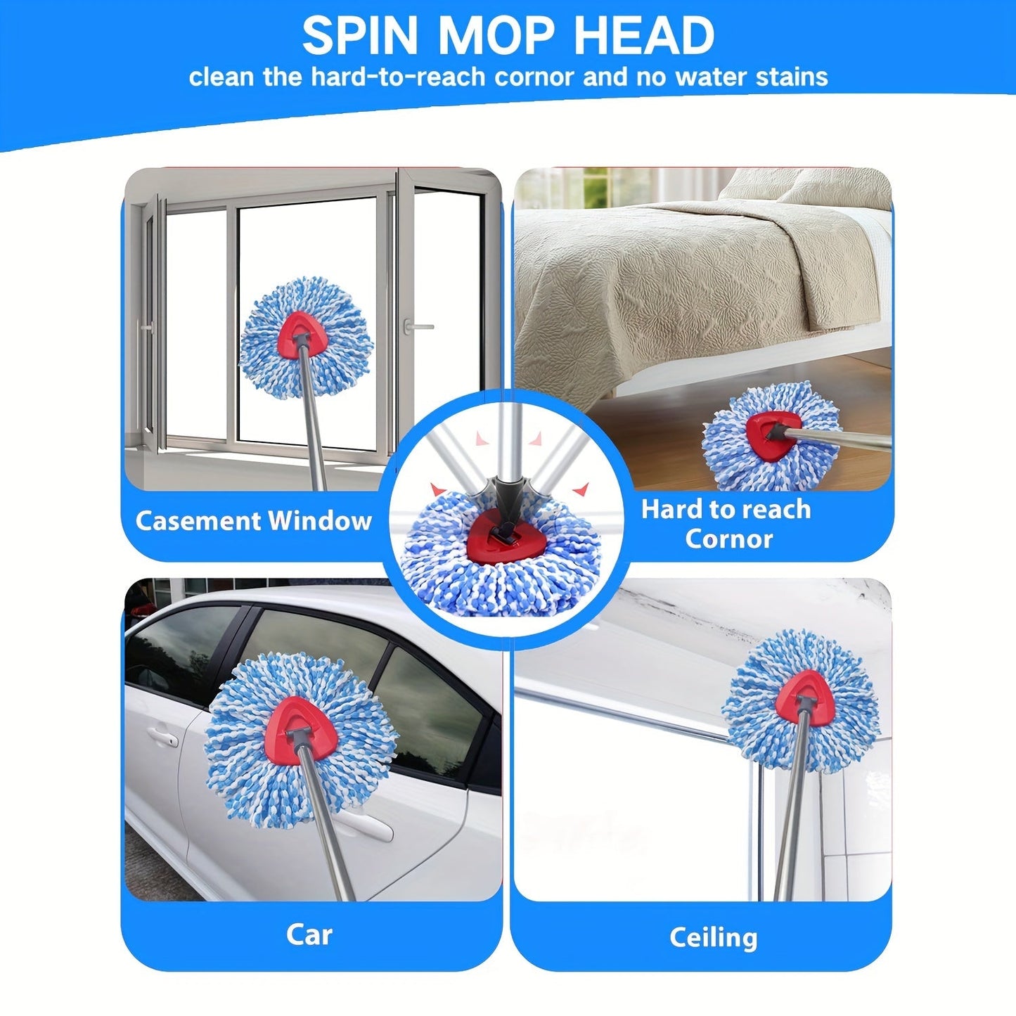 Get the Home Times Microfiber Spin Mop Replacement Heads and Handle Set, perfect for use with O Cedar RinseClean 2 Tank. This combo pack includes 4 refills, an extendable mop stick (76.2-147.32 cm), and a base for a complete cleaning solution.